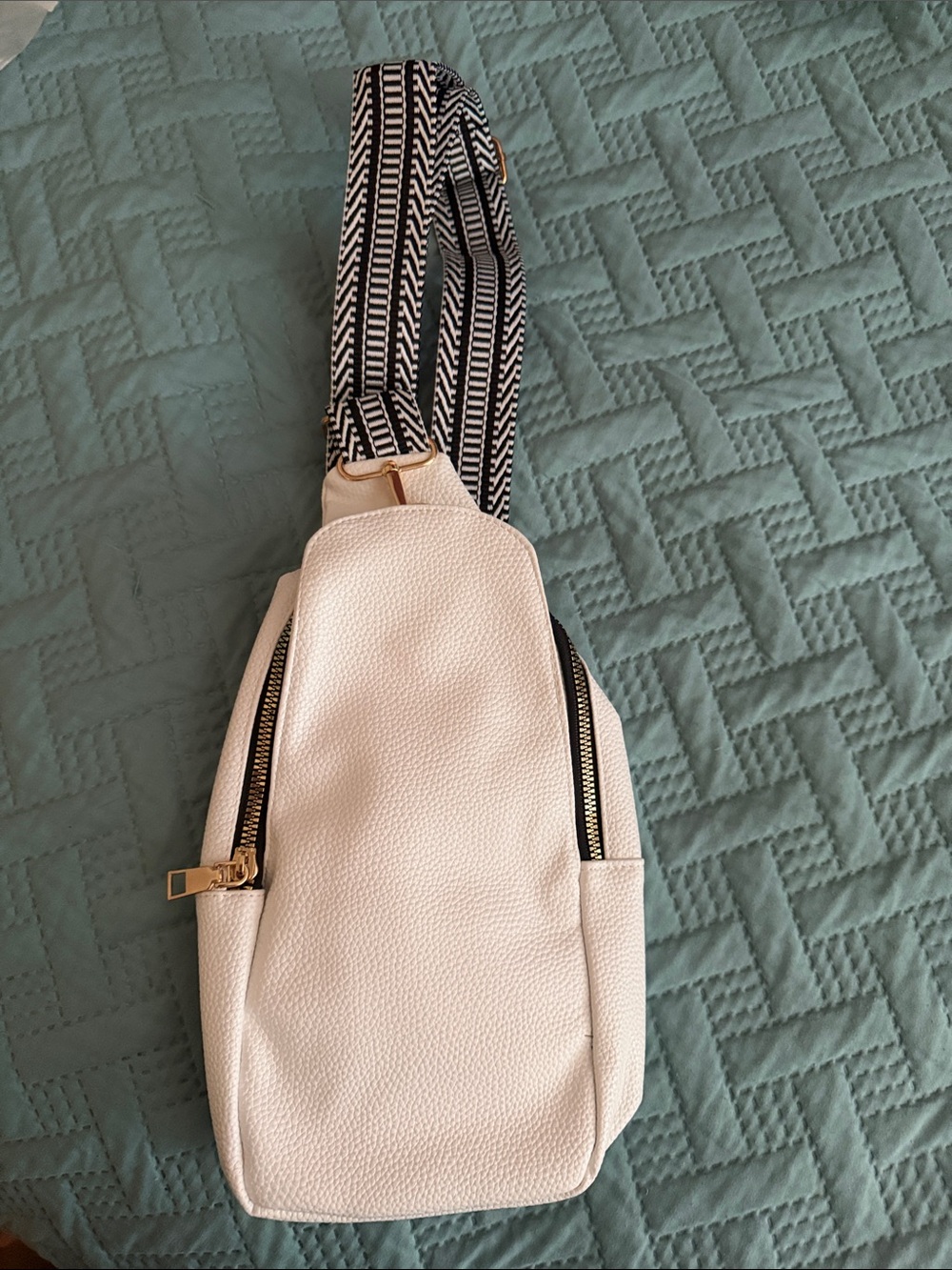 White Crossbody Sling Bag with Patterned Strap -